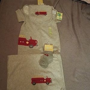 NWT 6/9 Mos.Firetruck Onesie, blanket, bib & socks